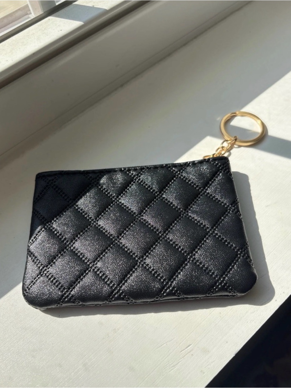 Quilted Black Leather Key Ring Card Pouch